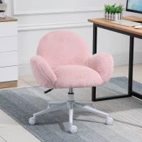 HOMCOM Faux Fur Leisure Chair Accent Chair Office Swivel Chair with Mid-Back Wide Design, Adjustable Seat Height, Steel Base, Wheels, Pink(m-8)