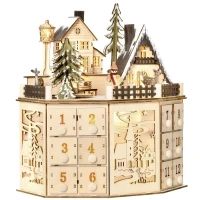HOMCOM Christmas Advent Calendar, Light Up Table Xmas Wooden Holiday Decoration with Countdown Drawers and Village, for Kids and Adults, Natural(m-1)