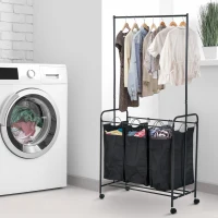 HomCom 3 Bag Heavy Duty Divided Laundry Hamper Sorter Cart With Wheels And Hanging Bar - Black(m-2)