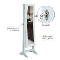 HOMCOM Mirrored Jewellery Cabinet Armoire Stand Organizer for Rings Earrings Bracelets Lockable White(m-2)