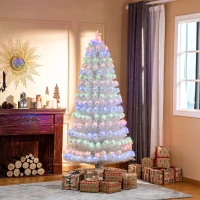 HOMCOM 7ft Tall Fir Artificial Christmas Tree with Realistic Branches, 280 Multi-Color Fiber Optic LED Lights and 280 Tips, White(m-9)
