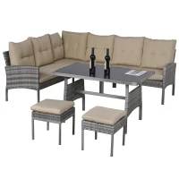 Outsunny 6 PCS Outdoor Patio Dining Table Sets All Weather PE Rattan Sofa Chair Furniture set Indoor Outdoor Backyard Garden with Cushions Khaki(m-2)