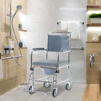 HOMCOM Shower Rolling Chair Personal Mobility Assist Bedside Commode Toilet Chair with Detachable Bucket Armrest Wheelchair Design Armchair for Elder Disabled Pregnant, Grey(m-2)