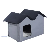 PawHut Double Heated Cat House Portable Indoor/Outdoor Kitty Shelter for Ferral Cat in Winter, Grey(m-1)