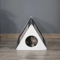 PawHut Wooden Cat House Triangle Shaped Bed Kitten Condo with Removable Cushion, Sisal Scratching Carpet, Grey and White(m-8)