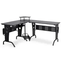 HOMCOM L-Shaped Corner Computer Office Desk Workstation with Elevated Shelf, Rolling Keyboard Tray, & Convenient CPU Stand, Black(m-1)