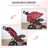 Qaba Baby Stroller Foldable Carriage for Toddler with Adjustable Backrest and Canopy Suspension System Rubber Tire 5-Point Harness Cup Holder Storage Basket Red(m-6)
