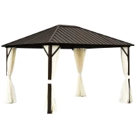 Outsunny 10' x 12' Hardtop Patio Deluxe Steel Gazebo Garden Sun Shelter Aluminum Frame Heavy Duty Outdoor Hardroof Pavilion with Curtains and Netting Beige(m-2)