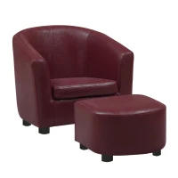 Monarch Kids' Upholstered Leather-Look Barrel Club Chair with Matching Ottoman - Red(m-1)