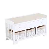 HOMCOM 3-Cube Wood Storage Bench w/ Cushion Entryway Organizer Seat with Wicker Basket and Drawer White(m-2)