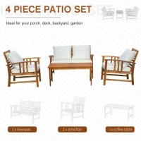Outsunny 4 Piece Solid Acacia Wood Conversation Set Outdoor Patio Furniture Chat Set w/ Armchairs, Loveseat, Center Coffee Table & Cushions Teak/Cream(m-4)