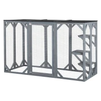 PawHut 71" x 32" x 44" Large Wooden Outdoor Cat Enclosure Catio Cage With 3 Platforms, Gray(m-9)