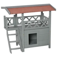 PawHut Wooden Cat House, 2-Floor Feral Cat Shelter, Kitten Condo Outdoor, Small Dog House with Balcony, Stairs, Asphalt Roof, Gray(m-1)