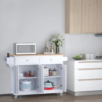 HOMCOM Rolling Kitchen Island on Wheels Ultility Cart with Drop-Leaf and Rubber Wood Countertop, Storage Drawer, Door Cabinet, White(m-10)