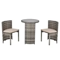 Outsunny 3 PCS Outdoor Rattan Wicker Bistro Set with Storage Shelf, Glass Top Table, Soft Cushioned Chairs and Space Saving Design, Patio Conversation Set for Garden Backyard Porch, Grey(m-1)