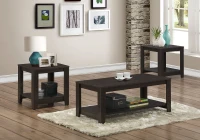 Monarch 3 Piece Contemporary Shelved Rectangular Wood-Look Coffee Table / Two Matching End Tables Set - Cappuccino(m-2)