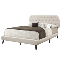 Monarch Queen Size Contemporary Upholstered Bed Frame with Padded Diamond Tufted Headboard and Brown Wood Legs - Beige Linen Look(m-1)