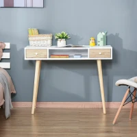 HOMCOM Kids Wooden Work Study Desk Makeup Vanity and Writing Computer Table with Storage Drawers & Pinewood Legs, White and Natural(m-7)