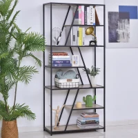 HOMCOM Modern Decorative Storage Shelf Bookcase Metal Frame for Living Room & Study Room, Black, and Wood(m-2)
