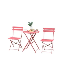 Outsunny 3pc Garden Table Set Foldable Dining Set with 1 Round Table and 2 Chairs Backyard Outdoor, Red(m-8)