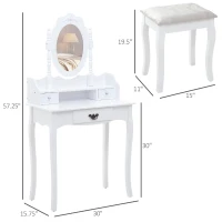 HOMCOM Vanity Table Set with Mirror and 3 Drawers, 360° Rotatable Wooden Makeup Dressing Table with Large Padded Stool, Gift for Women Girls, White(m-3)