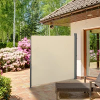 Outsunny 10' Retractable Folding Patio Privacy Side Awning with 50+ UV Protection, 2 Wall Brackets, & Polyester, White(m-2)