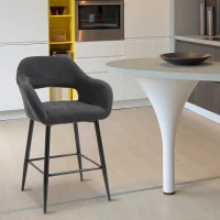 HOMCOM Counter Height Bar Stool Linen Fabric Upholstered Barstool Kitchen Breaskfast Chair with Footrest & Metal Legs, Dark Grey(m-4)