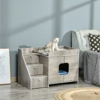 PawHut Hidden Litter Box Furniture Cat Washroom Decorative Kitten House Nightstand End Table Indoor with Multipurpose Ladder Cushion Oak(m-1)