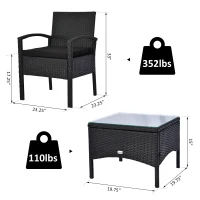 Outsunny 3 Pieces Wicker Patio Furniture Set, Rattan Bistro Set with Coffee Table and Cushions, Outdoor Conversation Set for Garden, Porch, Balcony, Black(m-3)
