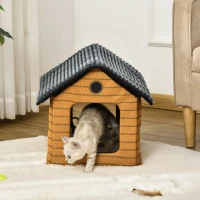 PawHut Heated Cat House Condo, Foldable Enclosed Pet House with Heating Pad for Cats or Small Dogs, Use for Indoor or Covered Outdoor Areas, Log Cabin Design(m-8)