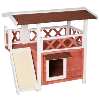PawHut Outdoor Cat House Wooden Feral Cat Shelter, 2-Story Kitten Condo with Sisal Ramp, Weatherproof Roof and Balcony, Red(m-1)