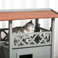 PawHut Wooden Cat House, 2-Floor Feral Cat Shelter, Kitten Condo Outdoor, Small Dog House with Balcony, Stairs, Asphalt Roof, Gray(m-7)