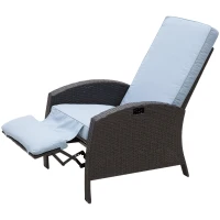 Outsunny Patio Recliner, Outdoor Reclining Chair with Flip-Up Side Table, All-Weather Wicker Metal Frame Chaise with Footrest, Cushions, Coffee, Blue(m-8)