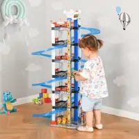 Qaba 7-Level Car Parking Garage Toy Dual Race Tracks Car Ramp Set Toddler Car Games w/ Electric Elevator Wash, Gas, Ejector & Car Repair Station Metal Cars for 3-6 Years Old(m-1)