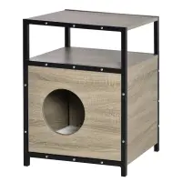 PawHut Wooden Cat House Kitten Condo Shelter Bed w/Soft Cushion Cat Litter Box Enclosure End Table Hideaway Cabinet Storage, Grey(m-1)