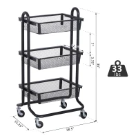 HOMCOM 3-Tier Rolling Cart Multifunction Utility Cart Storage Cart Trolley on Wheels with Mesh  Metal Basket Black(m-3)