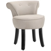 HOMCOM Upholstered Linen Vanity Stool with Curved Thick Padded Backrest, Rubberwood Legs, and Footpads, Beige(m-1)