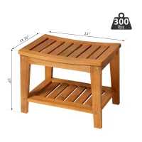 HOMCOM Indoor Outdoor Acacia Wood Shower Bench Bathroom Spa Chair Seat Organizer Storage Shelf(m-3)