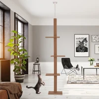 PawHut Floor-to-Ceiling Cat Tree Cat Climbing Tower with Sisal-Covered Scratching Posts Natural Cat Tree Activity Center for Kittens Cat Tower Furniture, Brown(m-2)