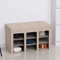 HOMCOM Modern Folding Shoe Storage Bench with Flipping Lid, Ottoman Bench for Bedroom & Hallway with 9 Cubes, Beige(m-2)