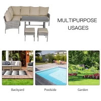 Outsunny 6 PCS Outdoor Patio Dining Table Sets All Weather PE Rattan Sofa Chair Furniture set Indoor Outdoor Backyard Garden with Cushions Khaki(m-4)