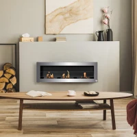 HOMCOM Ethanol Fireplace, 47.25" Wall-Mount 0.3 Gallon Steel 215 Sq Ft., Burns up to 3 Hours, Silver(m-2)
