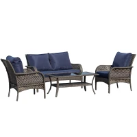 Outsunny 4-Piece Outdoor Wicker Sofa Set, Outdoor PE Rattan Conversation Furniture with 4 Chairs & Table, Water-Fighting Material, Blue(m-8)