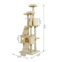 PawHut 71in Deluxe Multi-Level Scratching Cat Tree Play House with Two Condos and Toys Beige(m-3)