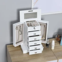 HOMCOM Tabletop Jewelry Box Beauty Organizer with Mirror, 6 Slot Shelves for Necklaces and Earrings, Lockable - White(m-4)