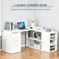 HOMCOM L-Shaped Computer Desk with Large Desktop, 3 Drawers and 5 Total Storage Shelves with Customized Assembly Options, White(m-4)