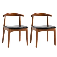 HOMCOM 2 Piece Mid-Century Dining Room Chair Set, Black Upholstered Faux Leather Seat - Walnut(m-1)