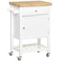 HOMCOM Utility Kitchen Cart, Rolling Kitchen Island with Smooth Rubberwood Top, Narrow Butcher Block Surface on Wheels with Storage Drawer & Cabinet, White(m-1)