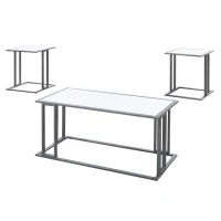 Monarch 3 Piece Modern Minimalist Smooth Laminate Coffee Table / Two Matching End Tables Set - White / Silver Metal(m-1)