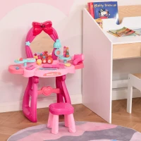 Qaba Pink Kids Vanity Makeup Table Set with Chair, 36-Piece Set Princess Vanity Table and Comfortable Safe Stool, Imaginative Toy, with Mirror Lights, Music, Bright Red, Pink(m-2)